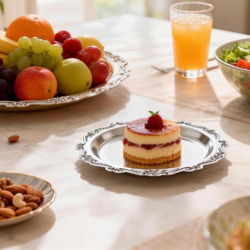 Cabilock 2pcs Retro Decorative Serving Tray, 5.90 Inch Round Vintage Metal Dessert Plates, Coffee Table Tray, Party Serving Platters Home Decor for Snacks Fruit Jewelry, Silver
