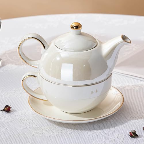 Tea for One Set, Teapot and Cup Set, Pearl White - color: Pearl White