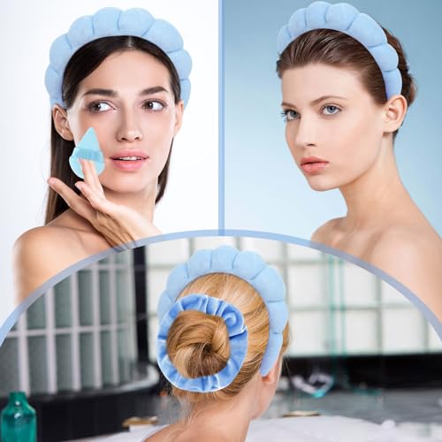 7Pcs Spa Set - Puffy Headband, Wristbands, Powder Puffs, Makeup Removal Terry Cloth Headband - Blue - color: Blue
