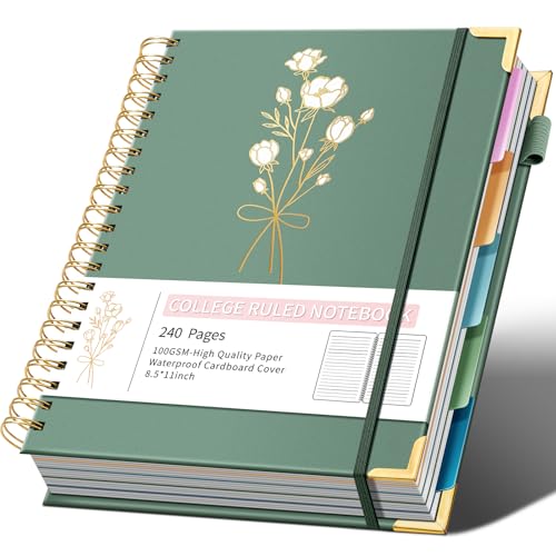 Ovesmusl 5-Subject Hardcover Spiral Notebook, 8.5" x 11", College Ruled - color: Green, size: 8.5"x11"