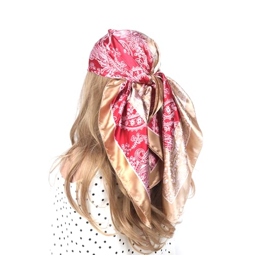 35 Inches Silk Head Scarf-Satin Hair Scarves Silk Bandana Scarf Headscarf for Women's Fashion Scarves - color: Brownish Pink-spliced Cashews