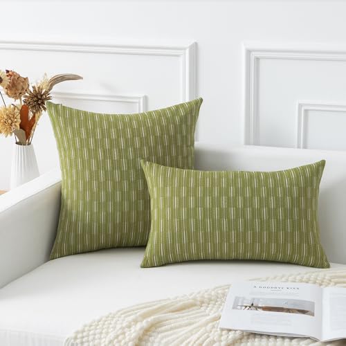 Kevin Textile Pack of 2, Spring Linen Decorative Throw Pillow Cover Cushion Covers Pillowcase, Boho Woven Texture Decorations for Sofa Couch Bed Chair 18x18 Inch/45x45 cm (Light Green) - color: A-light Green, size: 18" x 18" (Pack of 2)