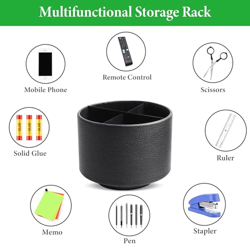 Round Leather Art Supply Organizer,Remote Control Holder,360 Degree Spinning,Multi-Functional Pencil Holder,4 Compartments Desktop Stationary Organizer(1-Lichee Black) - color: 1-Lichee Black