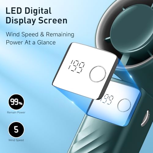 YOSHENMO Portable Handheld Turbo Fan - Foldable Mini Fan with Air Turbo Tech, 1-199 Speed Adjustment, 20H Runtime, LED Display, Battery-Powered for Indoor/Outdoor Use Dark Green - color: Light Green, size: Small