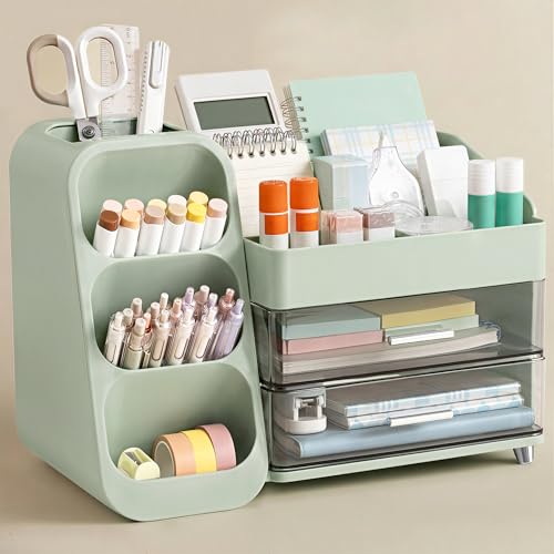 HBlife Desk Organizer with Pen Pencil Holder for Desk, Pen Organizer with 2 Drawers, Desk Organizers and Accessories with 4 Compartments, Desktop Storage for Office Home School Art Supplies, Green - color: Green