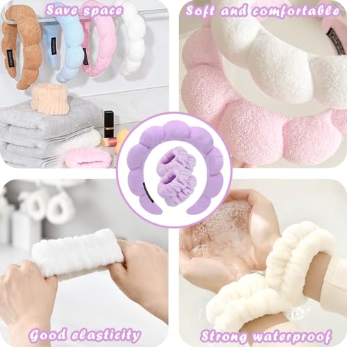 Spa Headbands for Washing Face Wristband Set Sponge Makeup Skincare Headband Wrist Towels Bubble Soft Terry Towel Cloth Hairband for Women Puffy Headwear Non Slip Thick Thin Hair Headwear (Purple) - color: Purple