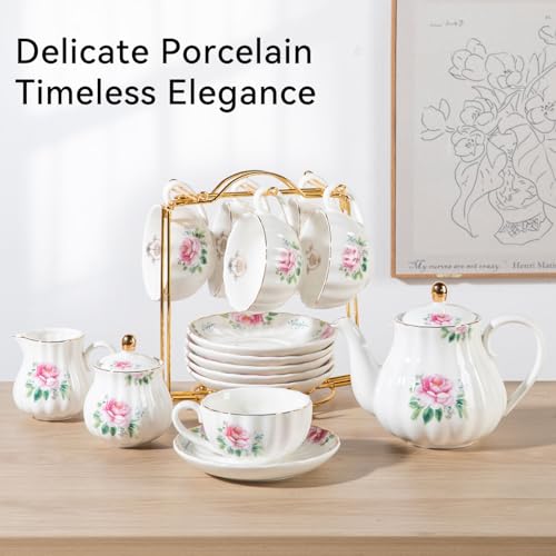 Sweejar Porcelain Tea Sets British Royal Series, 8 OZ Cups & Saucer Service for 6, with Teapot Sugar Bowl Cream Pitcher Teaspoons and Tea Strainer, Suitable for High Tea, Wedding, Party(Blush Pink) - color: Blush Pink