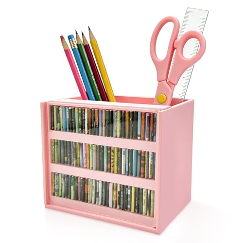 Pink Anxiety Bookshelf with 100 Mini Books, Cute Miniature Library Stress Relief Toy, Shaking Book Shelf Ornament, Bookmark Holder & Pencil Organizer, Aesthetic Room Decor, Gift for Bookish Her - color: Pink