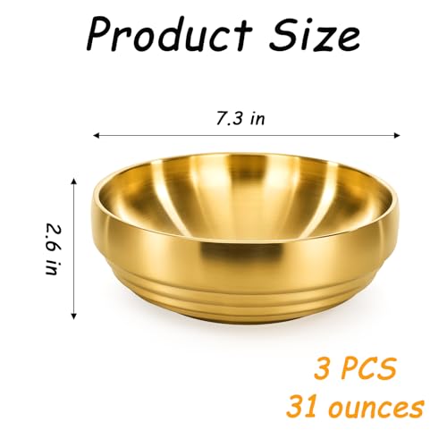 Frcctre 3 Pack 7.3 Inch Large Stainless Steel Bowls, 31 OZ Double Walled Insulated Bowls, Unbreakable Decorative Golden Bowl Serving Bowl for Salad Soup Noodle Friut Mixing, Dishwasher Safe