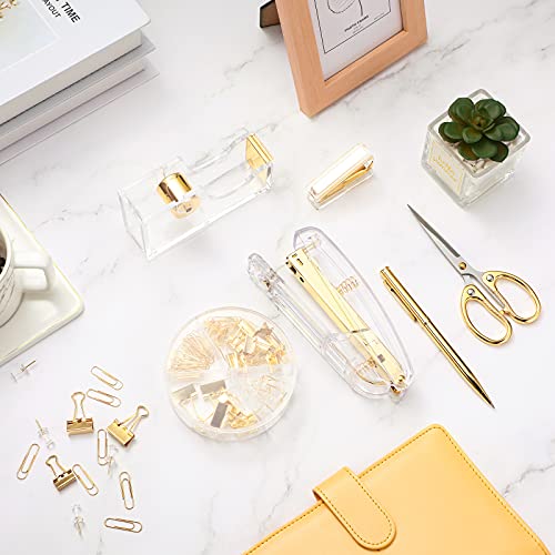Office Supplies Set Desk Accessory Kit, Acrylic Stapler Set Staple Remover, Tape Dispenser, Binder Clips, Paper Clips, Ballpoint Pen and Scissor with 1000 Pieces 26/6 Staples (Gold) - color: Gold