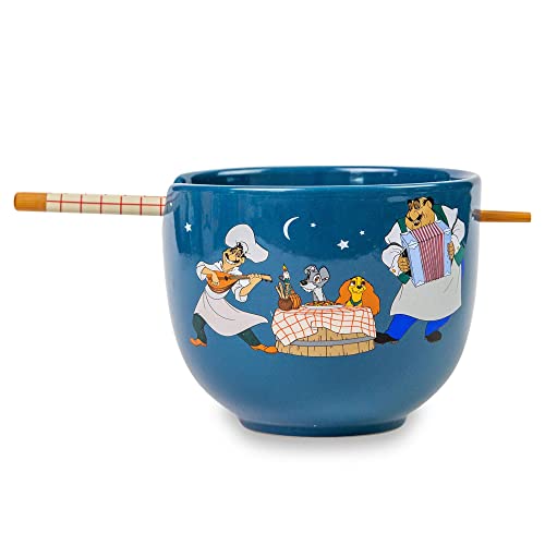 Disney Lady And The Tramp Serenade Ceramic Ramen Dinnerware Set | Includes 20-Ounce Noodle Bowl and Wooden Chopsticks - color: Blue