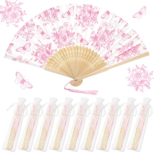 JarThenaAMCS 25 Sets Pink Floral Hand Folding Fans with Bags Wedding Party Favors Chinoiserie Flower Butterfly Foldable Paper Fans with Tassel for Bridesmaid Bridal Shower Decor