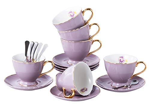 Set of 6 Porcelain Tea Cup and Saucer Set with Golden Handle, Purple - color: Purple