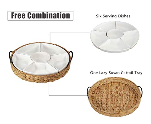 Ceramic Serving Tray, Food Tray 15.5 x 15.5 Inches,Divided Serving Platter with 6 Removable Dishes, Portable Handle Cattail Serving Bowls,Perfect for or Chips and Dip,Natural - color: Natural