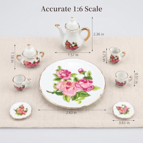 Miniature Tea Set 1/6 Scale Dollhouse Accessories Porcelain Rose - color: Rose