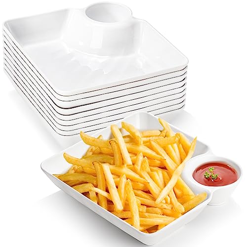 Lawei 10Pcs Chips and Dip Plates, Plastic Serving Platter Set Dumpling Plate with Dipping Saucer, White Divided Snack Serving Dishes for Appetizer, Sushi, Taco Salsa, Charcuterie, Reusable - size: Medium