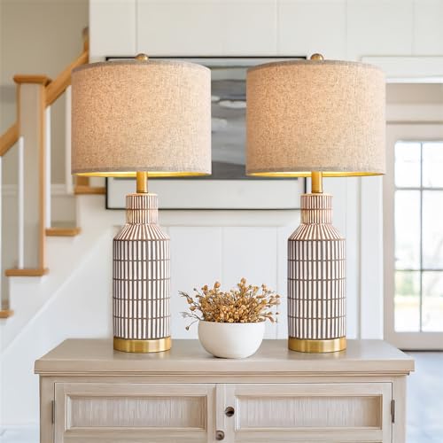 USumkky 25" Table Lamps Set of 2, Modern Ceramic Bedside Lamps - Farmhouse Brown Nightstand Lamps for Bedroom, Boho Living Room End Table & Office Desk Decor - color: Brown White