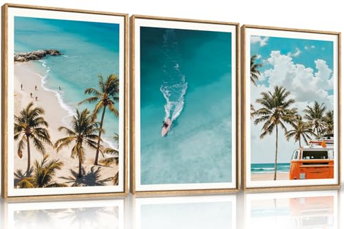 LHIUEM Large Nature Surfboard Beach Framed Canvas Wall Art,Summer Ocean Surfing Wall Decor,Palm Trees Wall Painting,Modern Picture Artwork for Living Room,Bedroom,Dining Room,Office -24"x36"x3 - color: Beach Surfing Wall Art, size: 36"L x 24"W