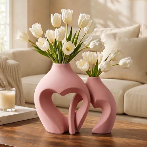 Ceramic Flower Vases Table Decor Heart Shaped Vase Set of 2 Pink - color: Pink