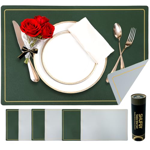 Faux Leather Placemats Set of 6, 11.8"x17.7", Green & Gray - color: Green & Gray, size: Set of 6