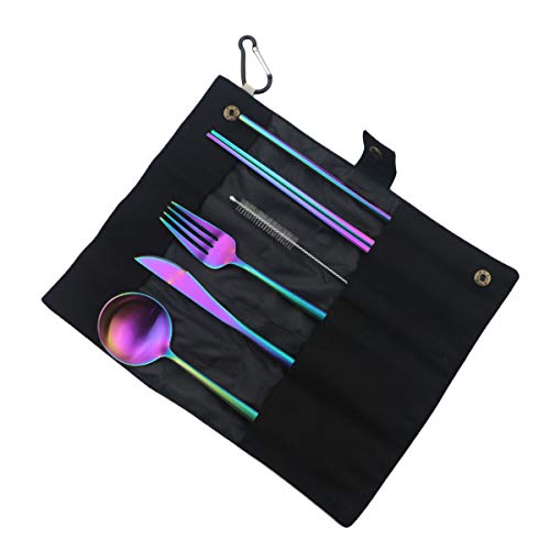 Luxury Rainbow Matte Portable 18/10 Stainless Steel Travel Flatware Sets of 7 Portable Camping Cutlery Set, Healthy & Eco-Friendly Flatware Set with Carrying Case for Travel or Camping - color: Rainbow, size: Black Pouch