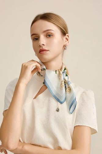 ANDANTINO 100% Mulberry Silk Scarf -21” Square Neckerchief with Gift Packed - color: Floral-pale Blue