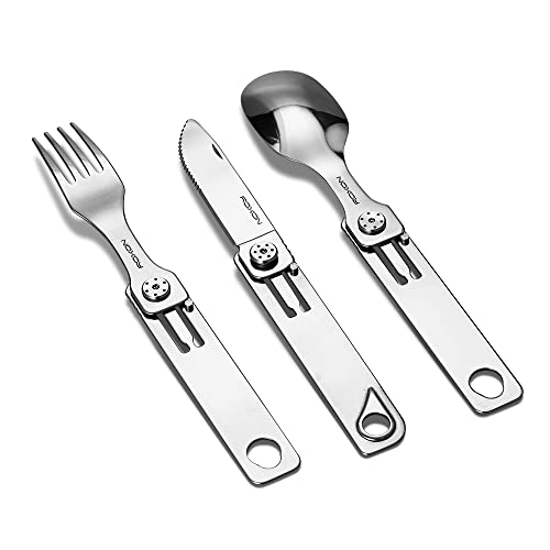 ROXON 3-in-1 Camping Utensils Set with Case (Knife, Spoon, Fork) Silver - color: Silver