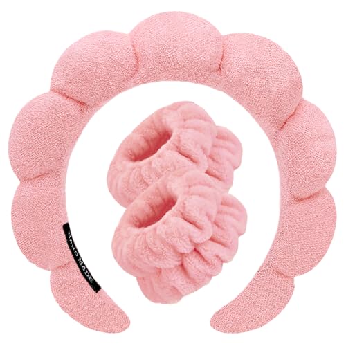Spa Headbands for Washing Face Wristband Set Sponge Makeup Skincare Headband Wrist Towels Bubble Soft Terry Towel Cloth Hairband for Women Puffy Headwear Non Slip Thick Thin Hair Headwear (Peach pink) - color: Peach pink