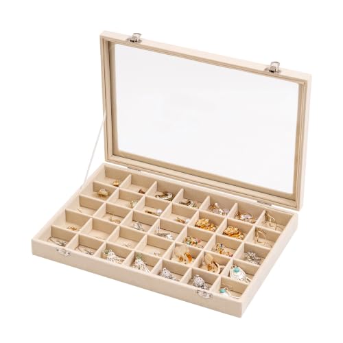 Frebeauty 35 Grid Earring Organizer,Velvet Jewelry Tray with Clear Lid - color: Beige, size: 35 Grid