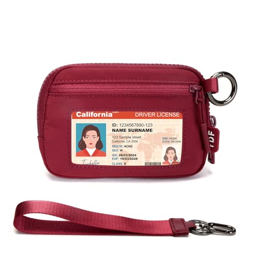 Wristlet Wallet for Women with Clear ID Window, Zip Coin Purse and Keychain - color: Burgundy