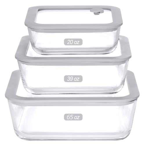 Glass Food Containers with Glass Lid, Microwave Safe Food Storage Container Set, 3 Pack, Square Shape, Food Containers with Lids, Meal Prep containers with Leak Proof Lid. - color: Grey-3S