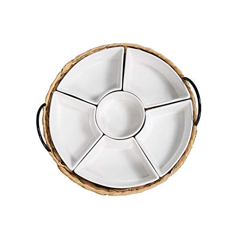 Ceramic Serving Tray, Food Tray 15.5 x 15.5 Inches,Divided Serving Platter with 6 Removable Dishes, Portable Handle Cattail Serving Bowls,Perfect for or Chips and Dip,Natural - color: Natural