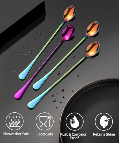 Long Handle Iced Tea Spoons, 9" 18/10 Stainless Steel Cocktail Stirring Spoons with Thickened Ergonomic Handle, Tall Coffee & Latte Stirrers, Dessert Spoon Set, Dishwasher Safe (9 IN) - color: Silver 9 IN, size: Round