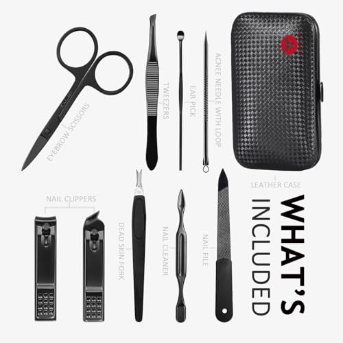 HANTEKAS Manicure Set 9 in 1 Stainless Steel, Nail Clippers Scissors Pedicure Tools Kit - Portable Travel Grooming Kit for Men and Women with Black/Red Leather Case (Red) - color: Red