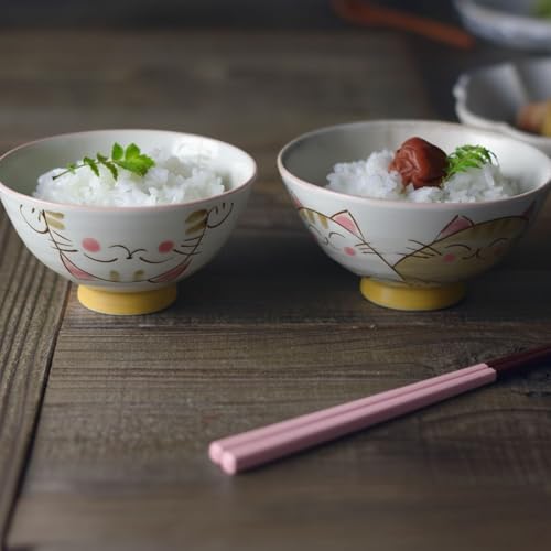Japanese Rice Bowl Chawan set of 2 4.6" Cat Design MIKE Pink - color: Pink
