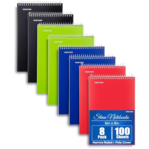 Mintra Office Steno Books Set - Top-Spiral Bound, Narrow Ruled, 100 White Sheets, Poly Primary Color Covered Notebooks for Office, Professional, School & Work, Note-taking, Writing Pads, 6"x9", 8 Pack - color: Poly Primary Covers 8pk, size: Narrow Ruled