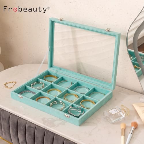 Frebeauty 12 Grid Bracelet Holder Box,Velvet Jewelry Tray with Clear Lid - color: Turquoise, size: 12 Grid