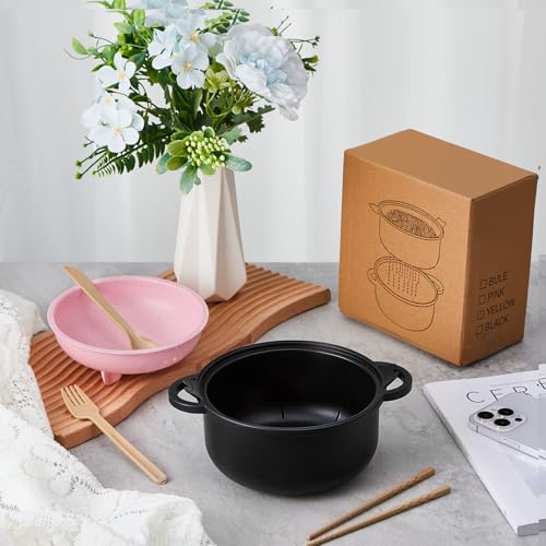 2 Sets Large 45oz Cute Pig Ramen Bowl Set Microwavable Pink, Black - color: Pink,Black