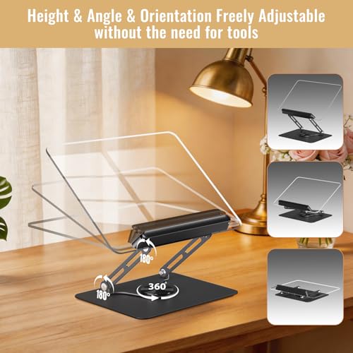 HAUTOCO Adjustable Acrylic Book Stand for Reading, 360° Rotating Base, Foldable Desktop Book Holder with Elastic Page Clips, Hands-Free Cookbook Stand for Laptop, Tablet, Recipe, Textbook, Music Score - color: Black
