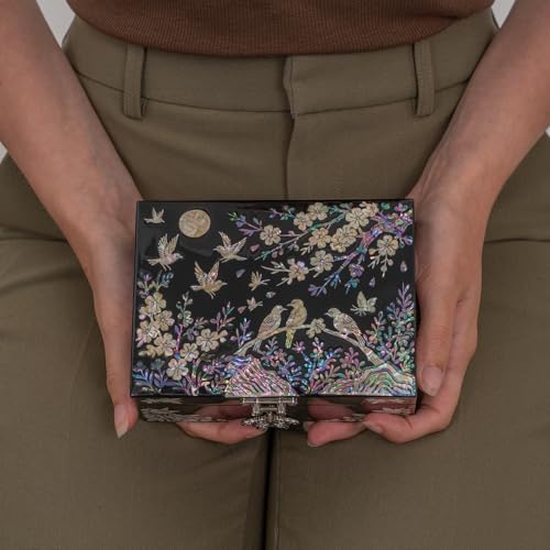 February Mountain Elegant Mother of Pearl Jewelry Organizer Box with Mirror Lid - Gifts for women birthday unique Anniversary Christams and Special Occasions (Birds & Blossoms) - style: Birds & Blossoms
