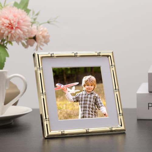 YiPinYin 4x4'' Gold Bamboo Design Metal Frame with mat for 3x3'' Set of 2, 3x3'' Elegant Gold Plated Metal Frame, Soft Touch Velvet Mat Desktop - color: Gold, size: 4x4 Mat 3x3 2PK