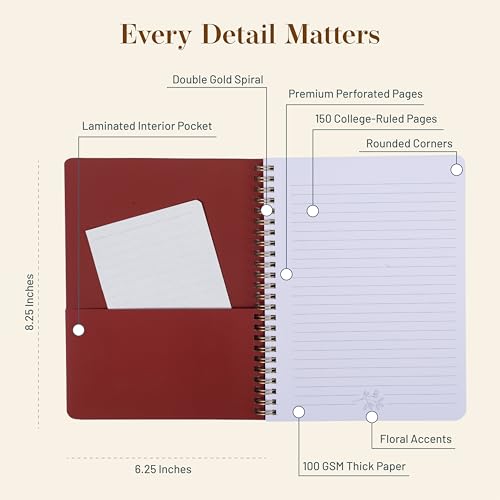 Happy Hoos® Aesthetic Spiral Notebook - 6.25" x 8.25" College Ruled Journal Notebook - Hard Cover Writing Journal for Work, School, Travel, More - Floral Notebook 8 Seasonal Designs (Gilded Autumn) - color: Gilded Autumn