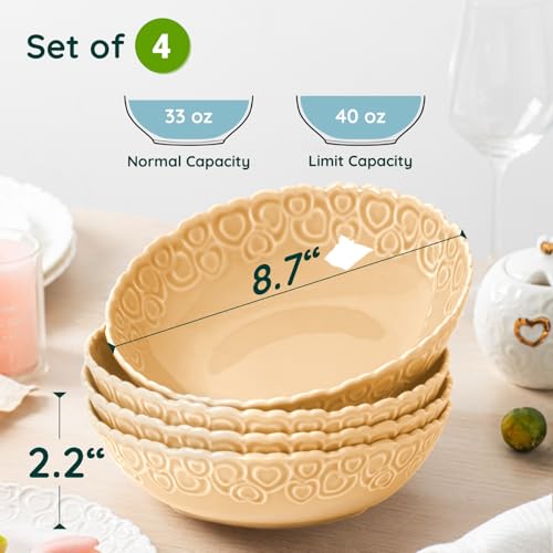 HOMBENE Heartbeat Pasta Bowls Set of 4, 40oz, Porcelain Wide and Shallow, Soup, Pasta, Noodle, Dinner, Large Salad Bowls Soup Bowl for Kitchen, Microwave & Dishwasher Safe (Amber Orange) - color: Amber Orange, size: 40oz