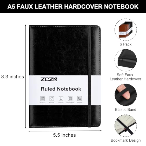 ZCZN 6 Pack Lined Journal Notebooks for Work, A5 Hardcover Leather Journals - color: Black+Brown