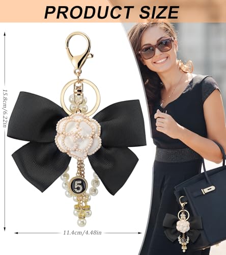 Camellia Flower Purse Charm Keychain with Bow and Pearl Accents - color: White