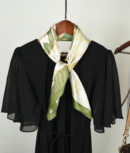 corciova Women’s Square Scarf 27.5 in (70 x 70 cm), Satin-Feel Polyester, Lightweight Fashion Scarf for Hair, Neck and Bag - color: Lotus Floral (Green and Ivory)