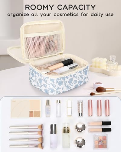 Relavel Travel Makeup Bag, Mini Floral Cosmetic Bag with 2 Layers - color: 01-Blue, size: Small