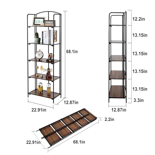 Crofy 5-Tier Foldable Bookshelf, Black Frame & Walnut Shelves - color: Black Frame & Walnut Shelf, size: 5 Tier