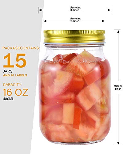 Rainforce 16 oz Mason Jars with Gold Lids 15 Pack Pint Glass Canning Jars - color: Gold Lids