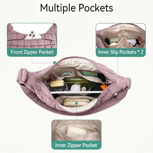 Puffer Crossbody Hobo Bag for Women Nylon Quilted Purse Lightweight Shoulder Handbag with Adjustable Strap - color: 05-purple